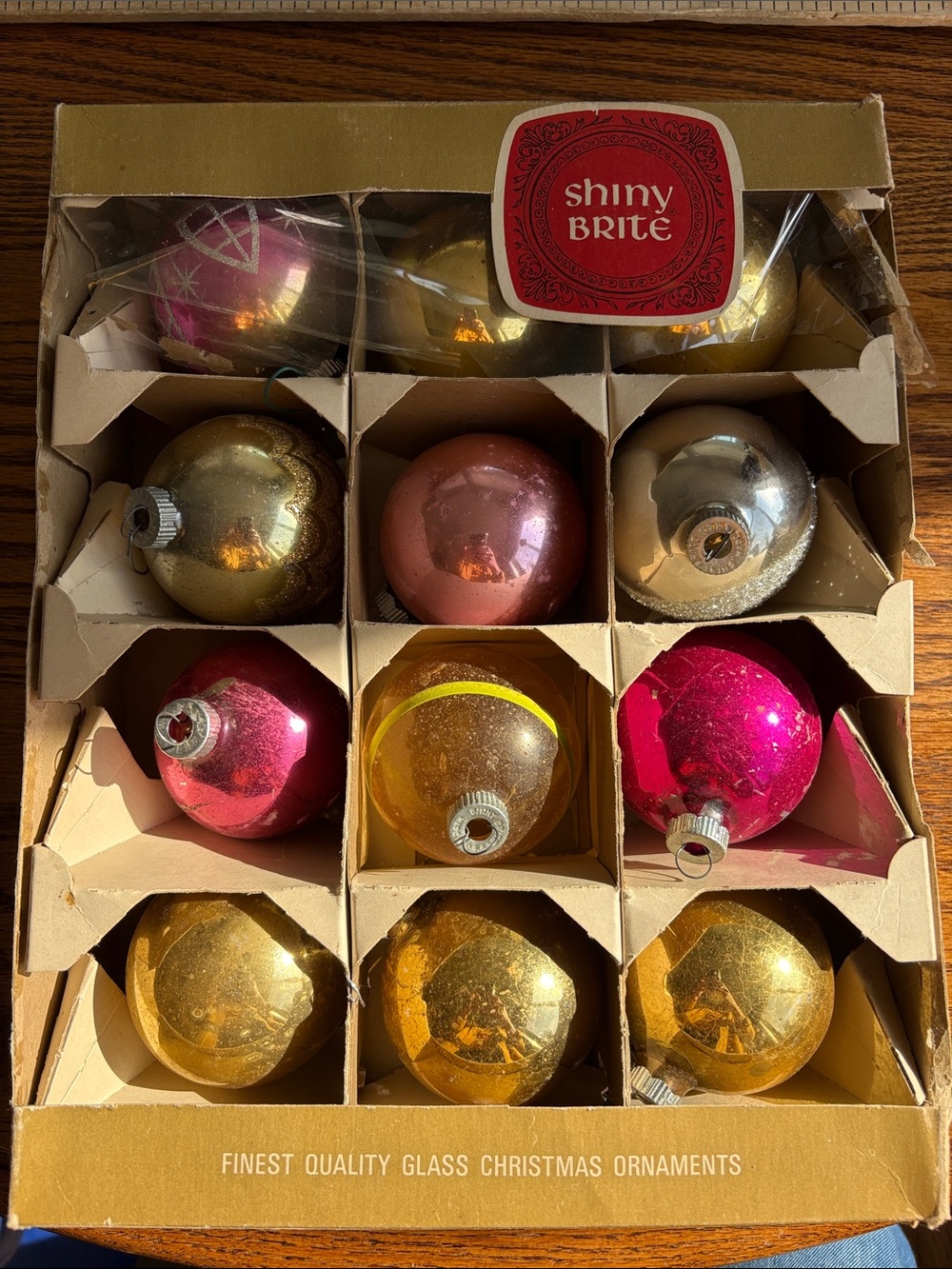Shiny Brite Gold & Pink Vintage Glass Christmas Ornaments - Set 1965